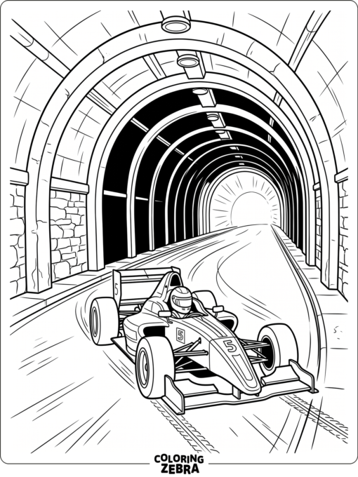 A race car driving through a tunnel