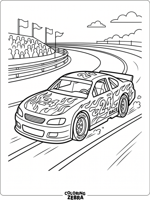 A race car with flames painted along the sides