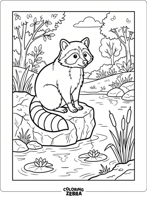 A simple raccoon sitting on a rock by water