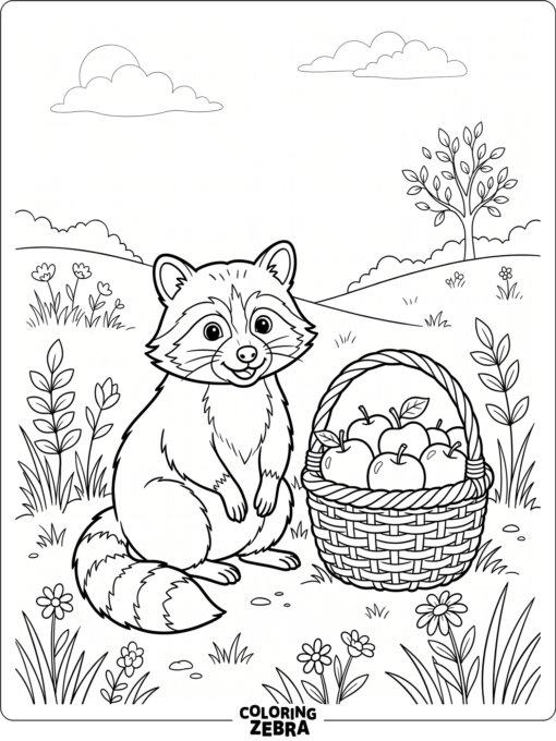 A raccoon sitting beside a basket of apples