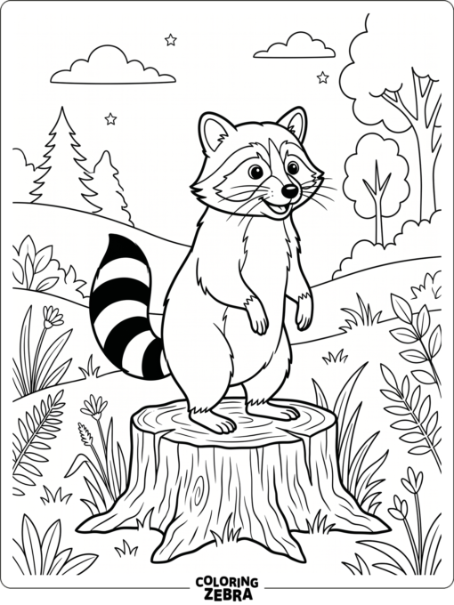 A raccoon standing on a stump with open space