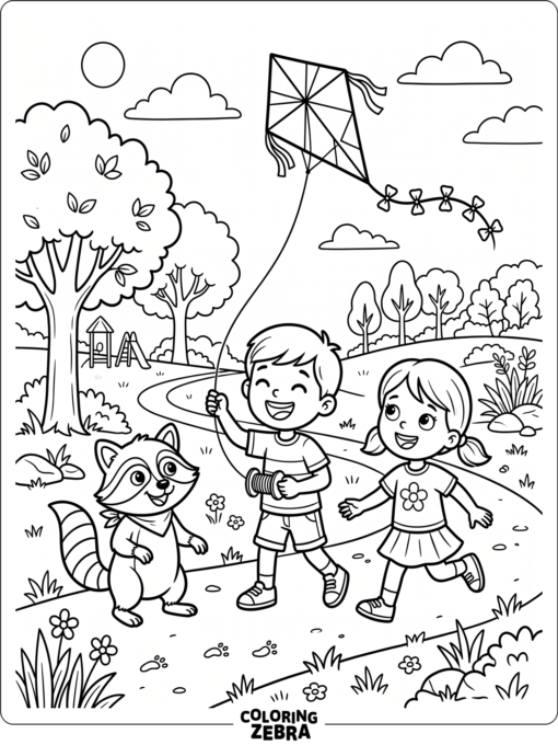 A raccoon with two kids flying a kite