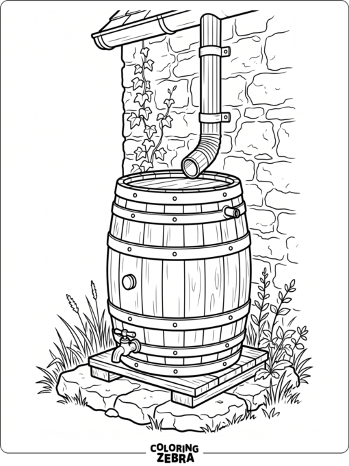 A rain barrel sits under a house downspout