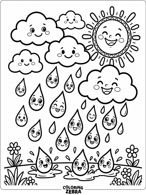 Cute clouds and raindrops with simple faces