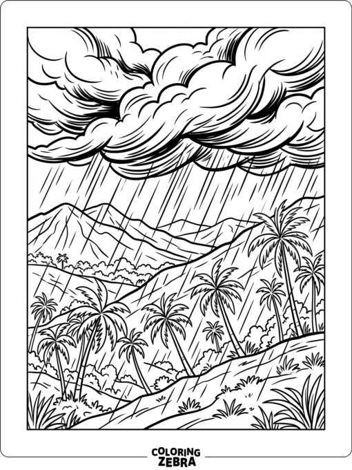 Monsoon rain over palm trees and hills
