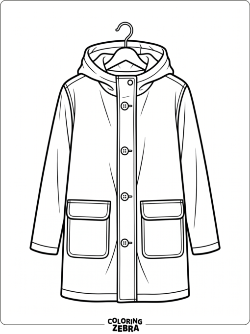 A hooded rain coat with pockets and buttons
