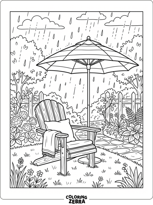 A rain shower falls over a chair and umbrella