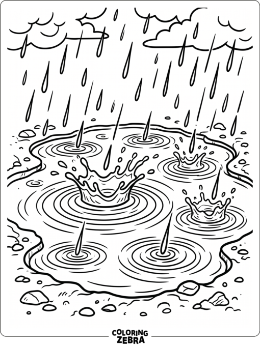 Rain splashes into a puddle with ripples