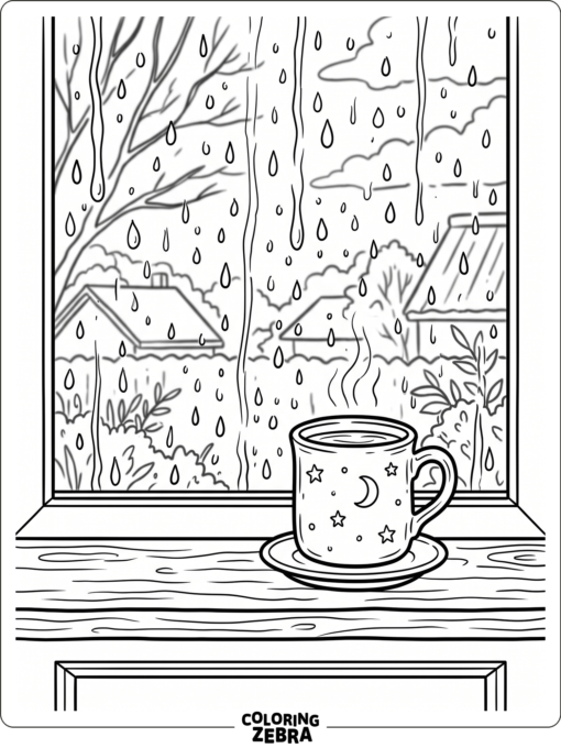 Rain beads on a window beside a warm mug