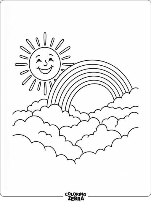 A smiling sun next to a rainbow