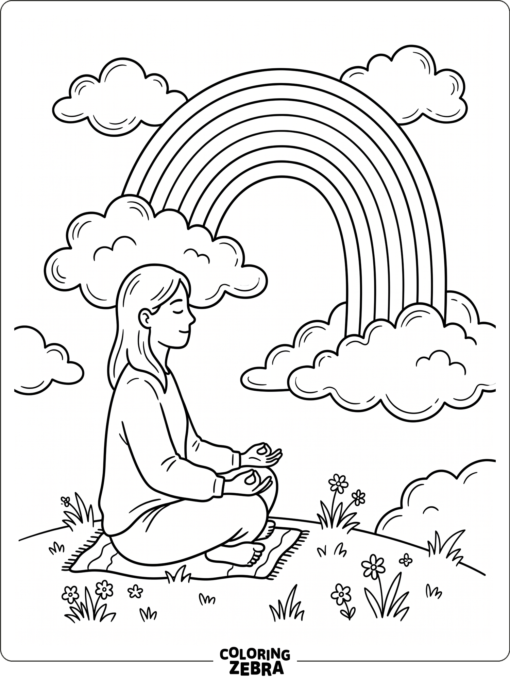 A person breathing calmly beside a rainbow