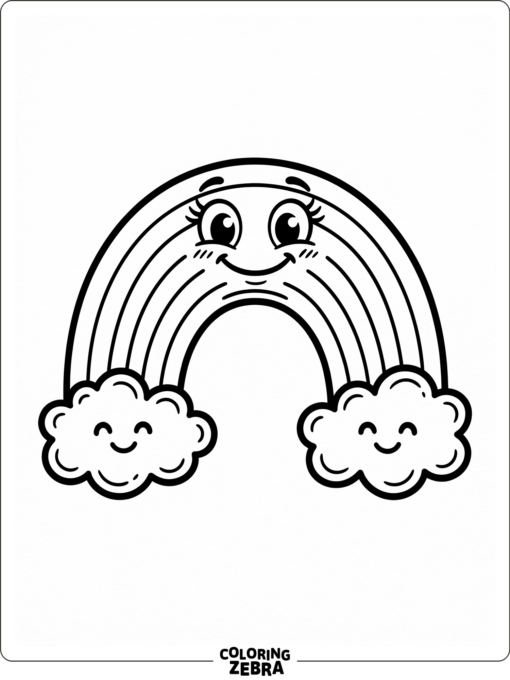 A smiling cartoon rainbow with eyes and clouds