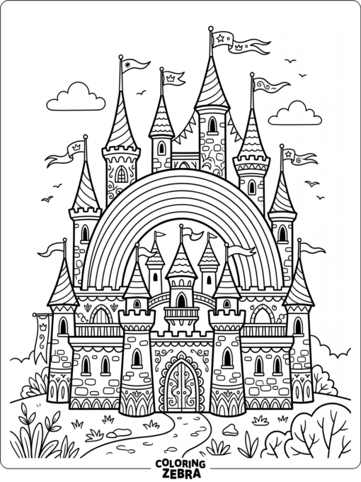 A castle with rainbow arches and towers