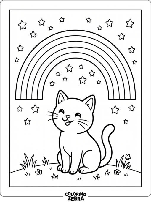 A cute cat sitting beneath a rainbow