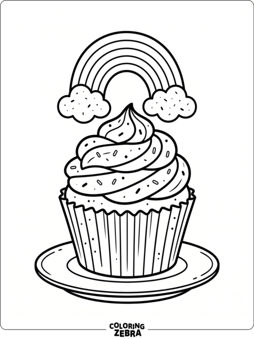 A cupcake topped with a rainbow and sprinkles
