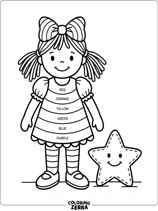 A doll in a rainbow dress beside a toy star