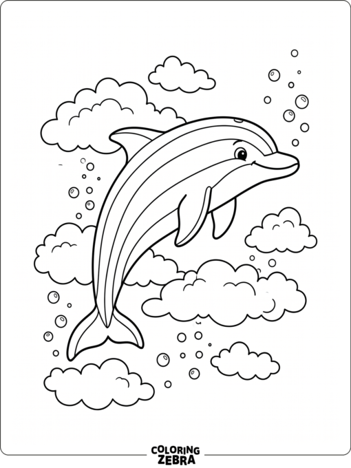 A dolphin with rainbow stripes and bubbles
