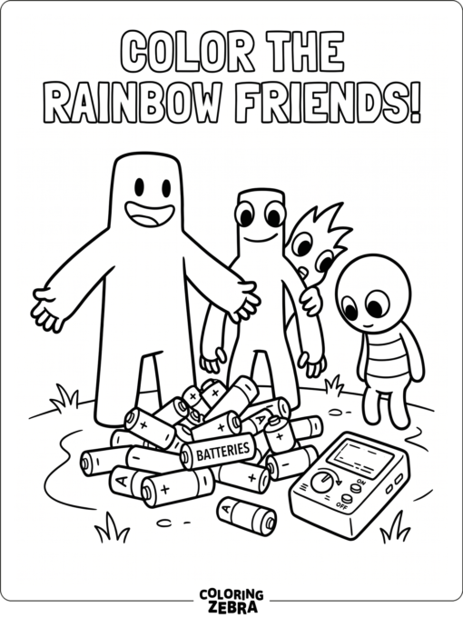 Rainbow Friends beside batteries and a small device