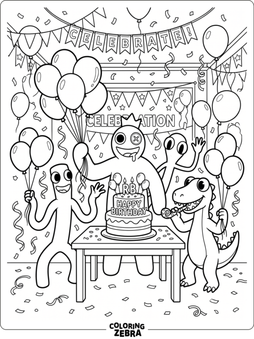 Rainbow Friends at a birthday party with cake and balloons