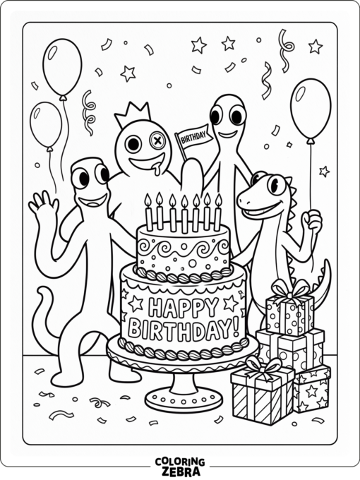 Rainbow Friends characters gathered around a cake with candles