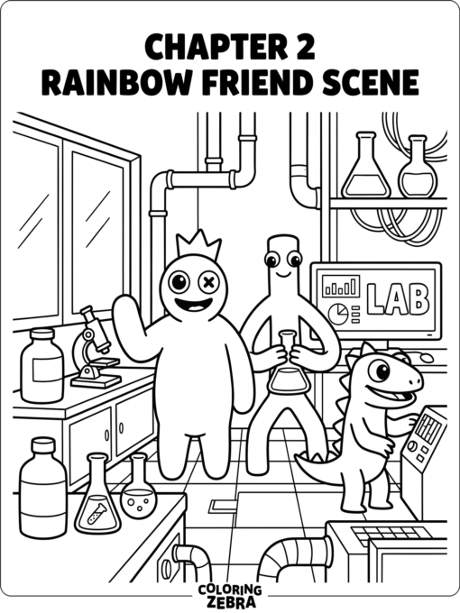 Rainbow Friends characters in a simple Chapter 2 lab scene
