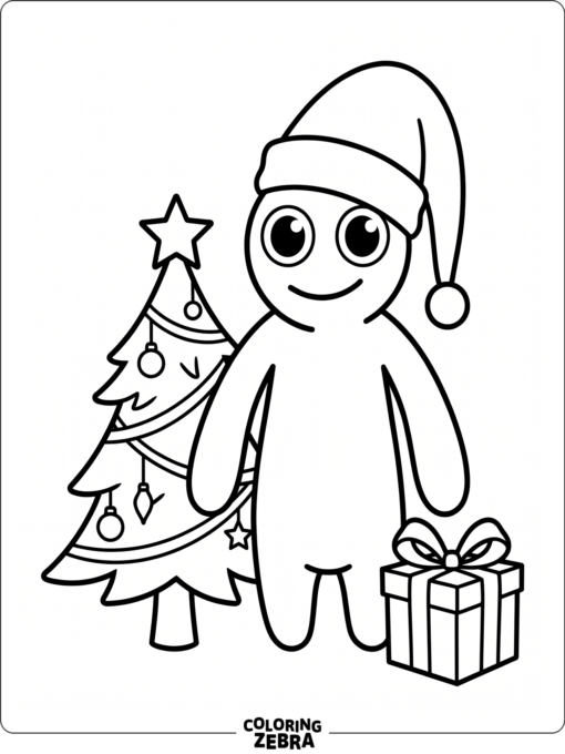 Blue from Rainbow Friends in a Christmas scene with a gift