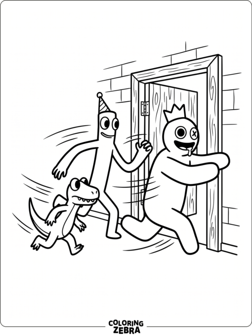 Rainbow Friends running toward an open doorway