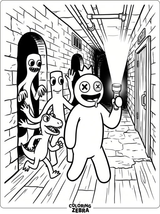 Rainbow Friends holding a flashlight in a dark hallway