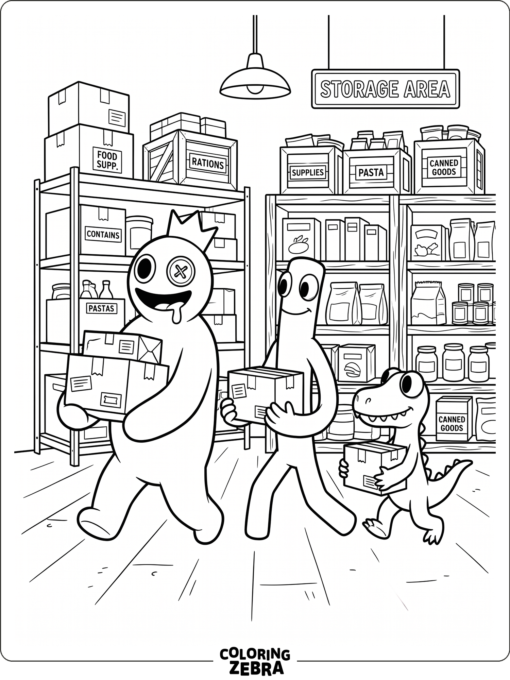 Rainbow Friends carrying food packs in a storage room