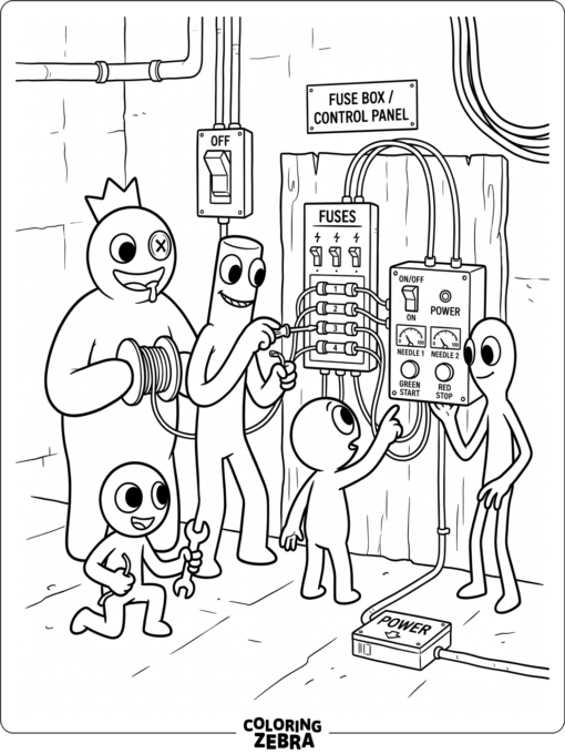 Rainbow Friends near fuses and a control panel