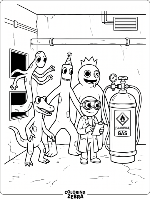 Rainbow Friends near a gas canister in an industrial room