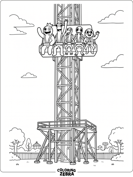 Rainbow Friends on a tall drop tower ride