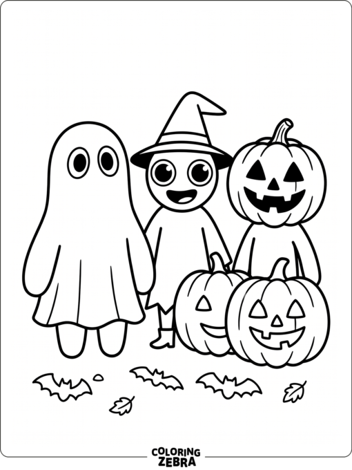 Rainbow Friends characters in Halloween costumes near pumpkins
