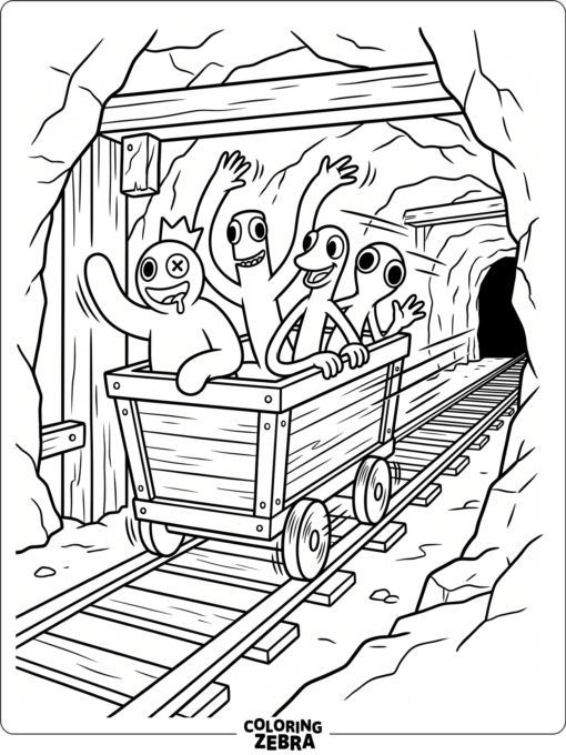 Rainbow Friends in a minecart racing through a tunnel