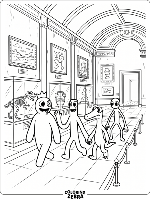 Rainbow Friends in a museum with display cases