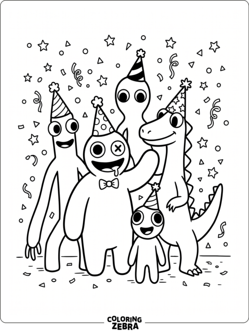 Rainbow Friends wearing party hats with confetti