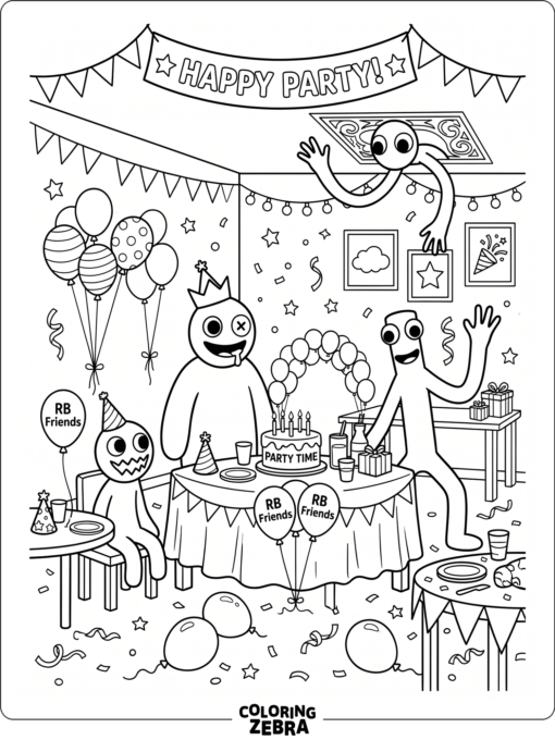 Rainbow Friends in a party room with balloons and tables