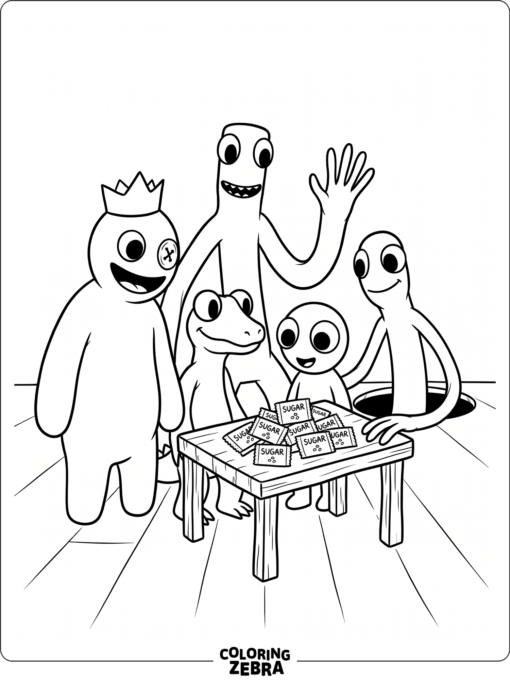 Rainbow Friends beside sugar packs on a table