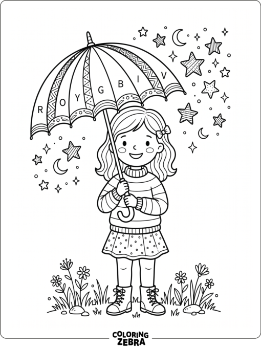 A girl holding a rainbow umbrella with stars
