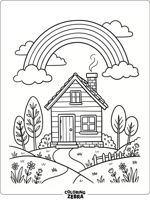 A small house beneath a rainbow