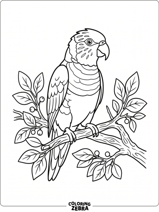A rainbow lorikeet perched on a leafy branch