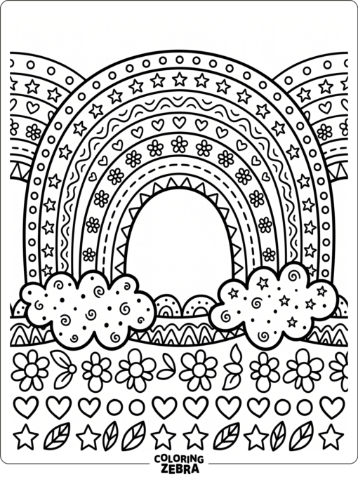 A repeating rainbow pattern with stripes and shapes