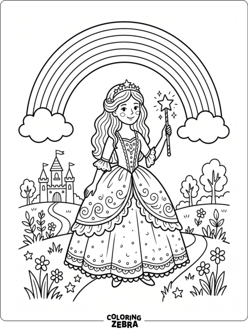 A princess standing under a rainbow with a wand