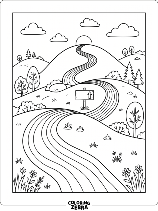 A curving road under a rainbow