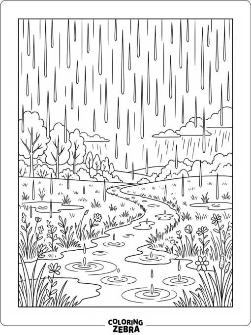 Long rain streaks fall over a quiet meadow