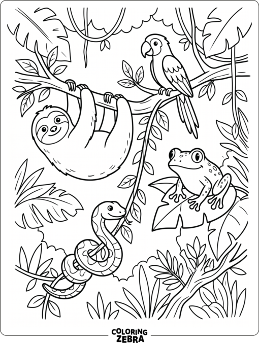 A rainforest scene with monkeys, parrots, and jungle cats