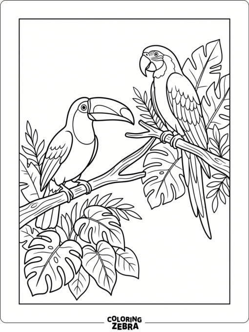 Two rainforest birds perched on branches with big leaves