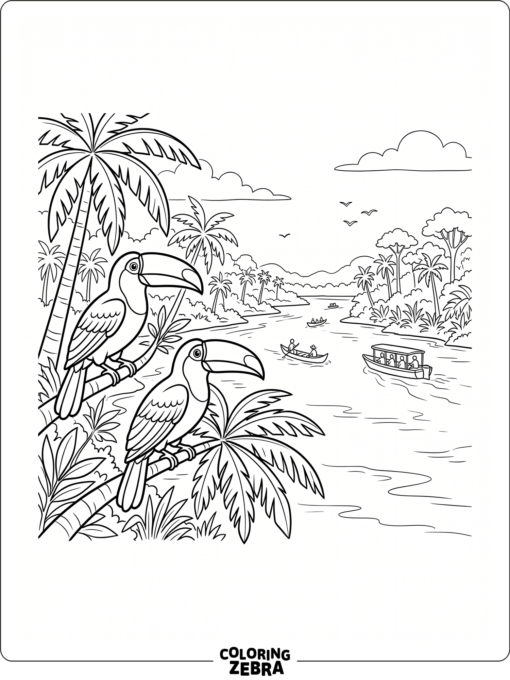 A river scene with toucans, palms, and small boats