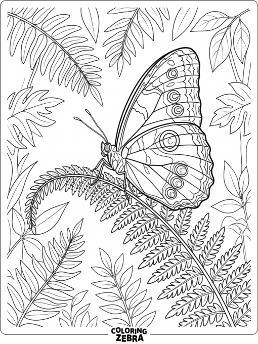 A butterfly rests on a rainforest fern