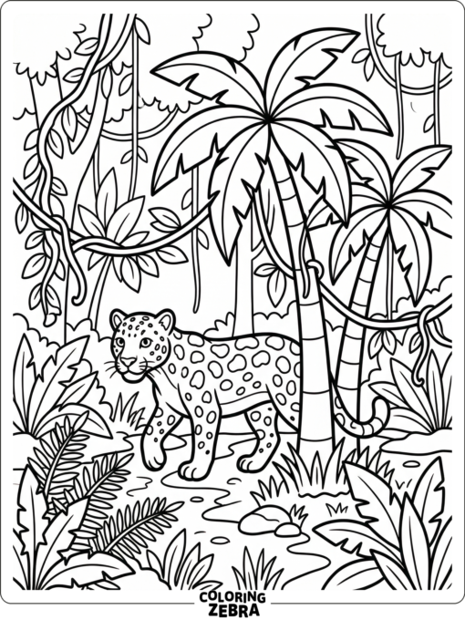 A jaguar near palm trees and vines